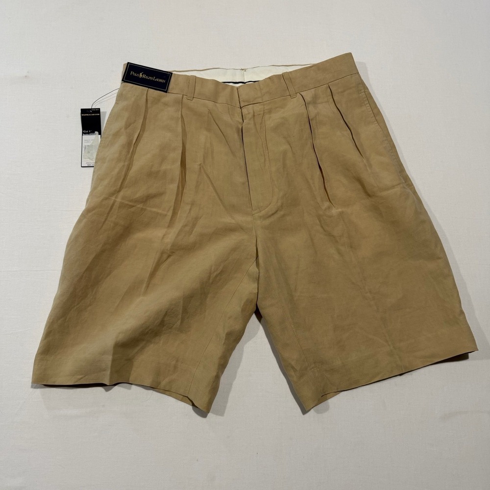 VTG Y2K NWT Polo Ralph Lauren Mens 32 Linen Silk Pleated Khaki Tan Dress Shorts